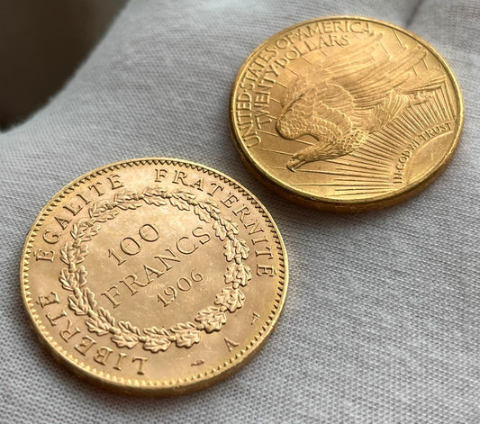 Lot 2 Pièces d'or – Saint-Gaudens Double Eagle 1910D & 100 Francs Ange 1906