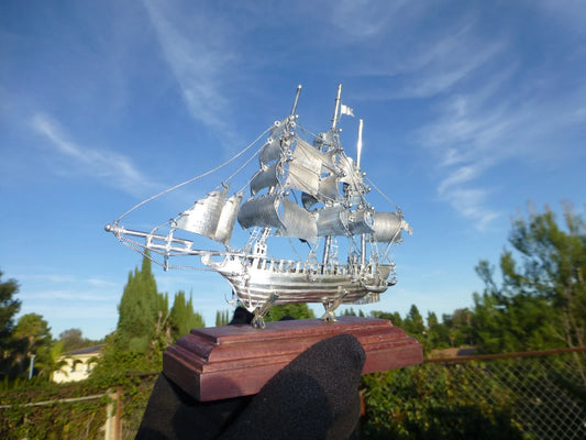 Maquette Voilier Vintage Argent Massif Mexique Socle Noyer