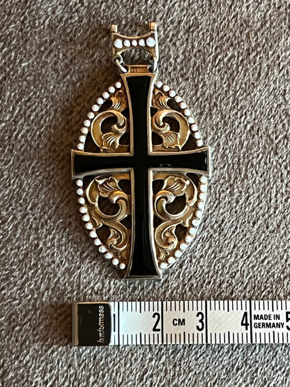 Pendentif Croix Ancien Argent 830 Plaqué Or Émail Noir Ajouré