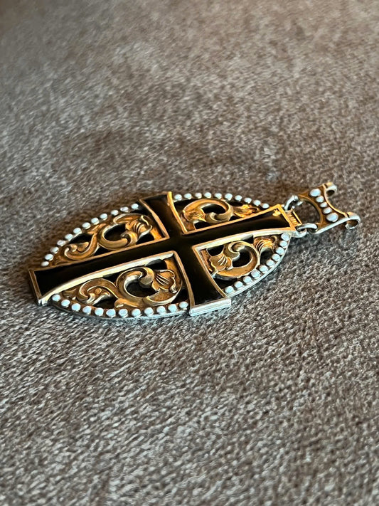 Pendentif Croix Ancien Argent 830 Plaqué Or Émail Noir Ajouré