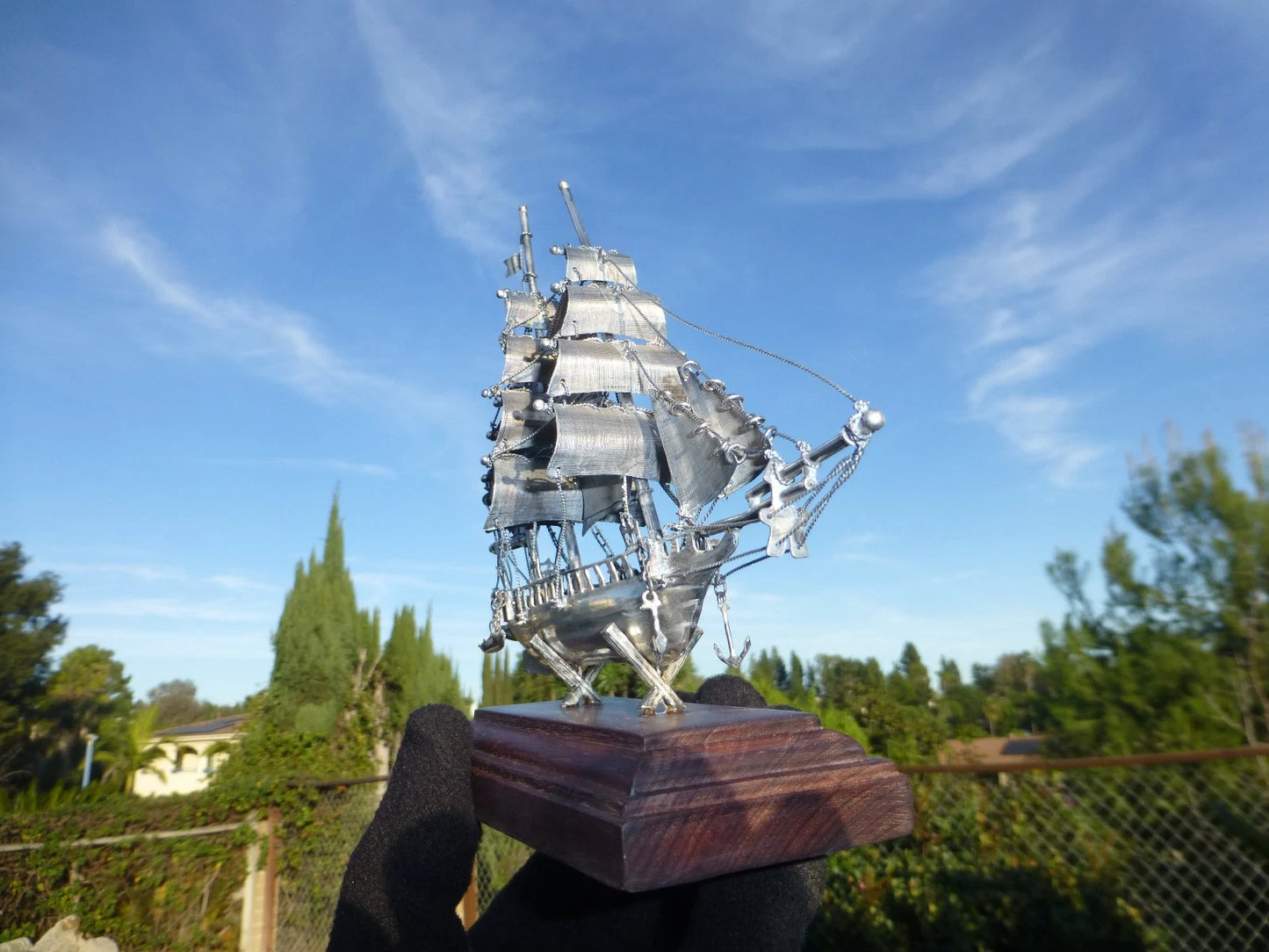 Maquette Voilier Vintage Argent Massif Mexique Socle Noyer