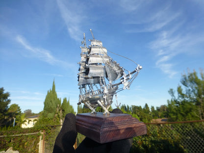 Maquette Voilier Vintage Argent Massif Mexique Socle Noyer