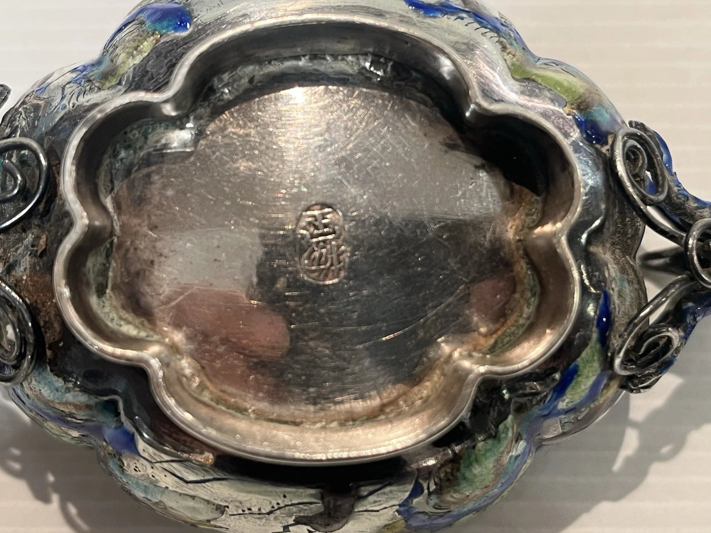 Bol Quadrilobe Argent Massif Émaillé Chinois Chiens de Fo