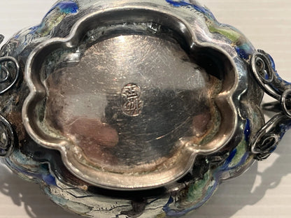 Bol Quadrilobe Argent Massif Émaillé Chinois Chiens de Fo