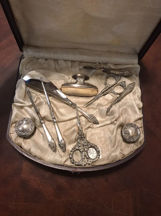 Nécessaire Toilette Ancien en Argent Sterling 10 Pièces