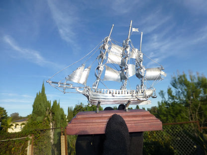 Maquette Voilier Vintage Argent Massif Mexique Socle Noyer