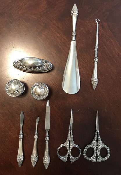 Nécessaire Toilette Ancien en Argent Sterling 10 Pièces