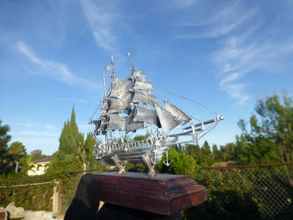 Maquette Voilier Vintage Argent Massif Mexique Socle Noyer
