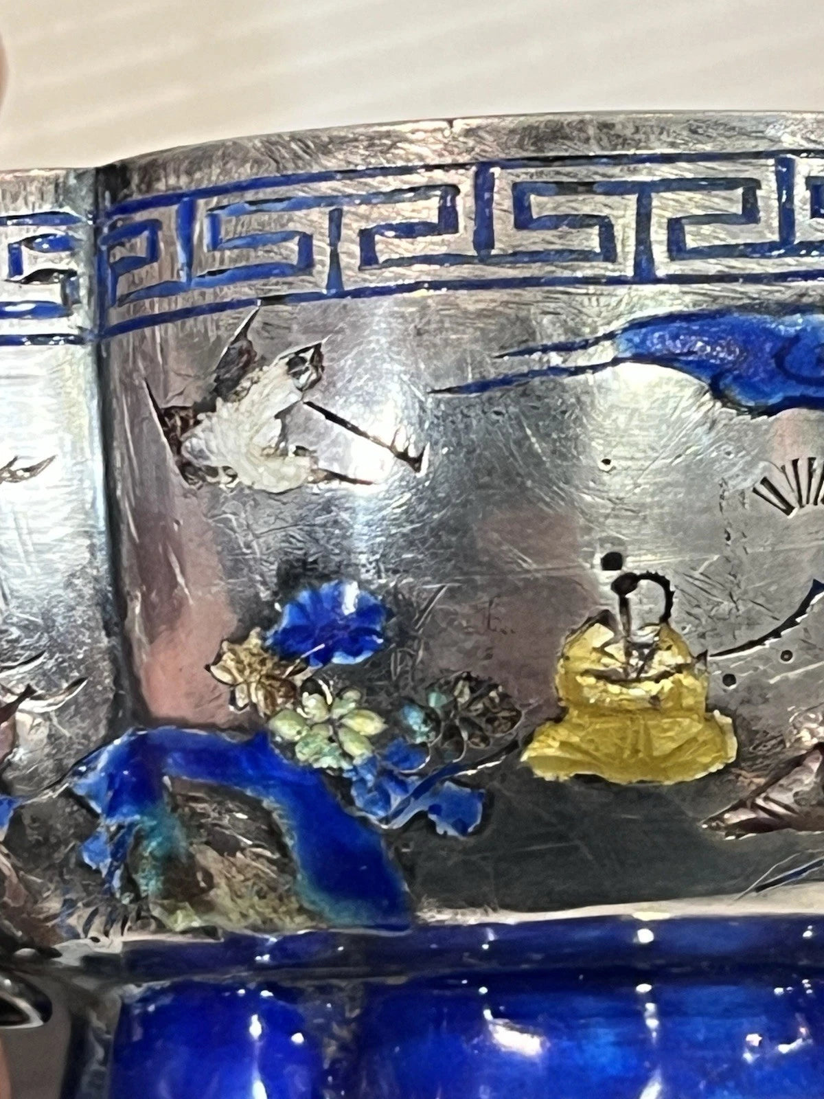 Bol Quadrilobe Argent Massif Émaillé Chinois Chiens de Fo