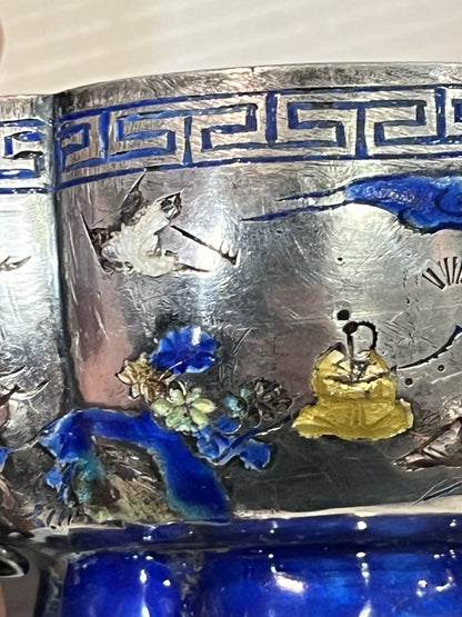 Bol Quadrilobe Argent Massif Émaillé Chinois Chiens de Fo