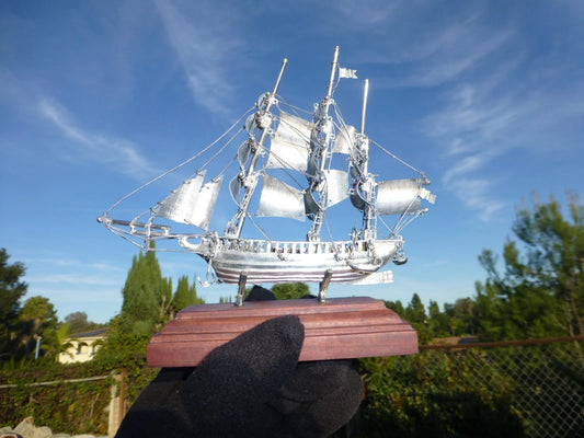 Maquette Voilier Vintage Argent Massif Mexique Socle Noyer