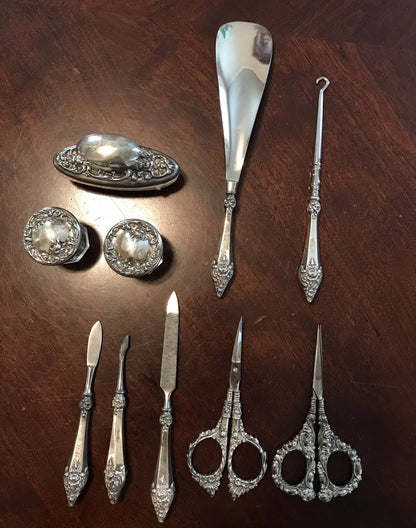 Nécessaire Toilette Ancien en Argent Sterling 10 Pièces