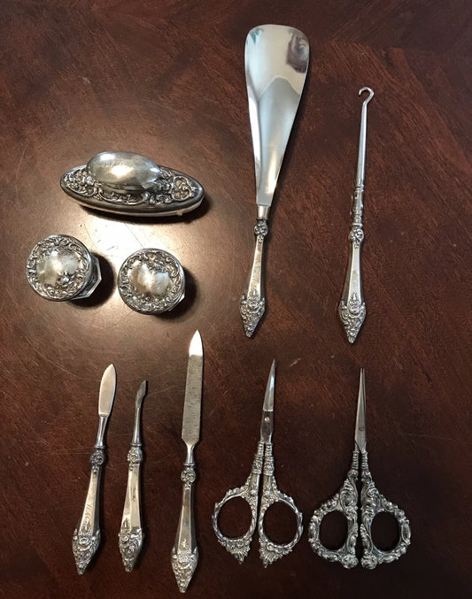 Nécessaire Toilette Ancien en Argent Sterling 10 Pièces