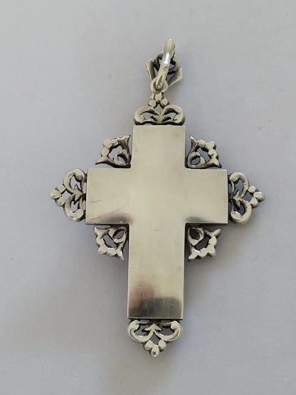 Croix Reliquaire XIXe Argent Massif Pierres du Rhin