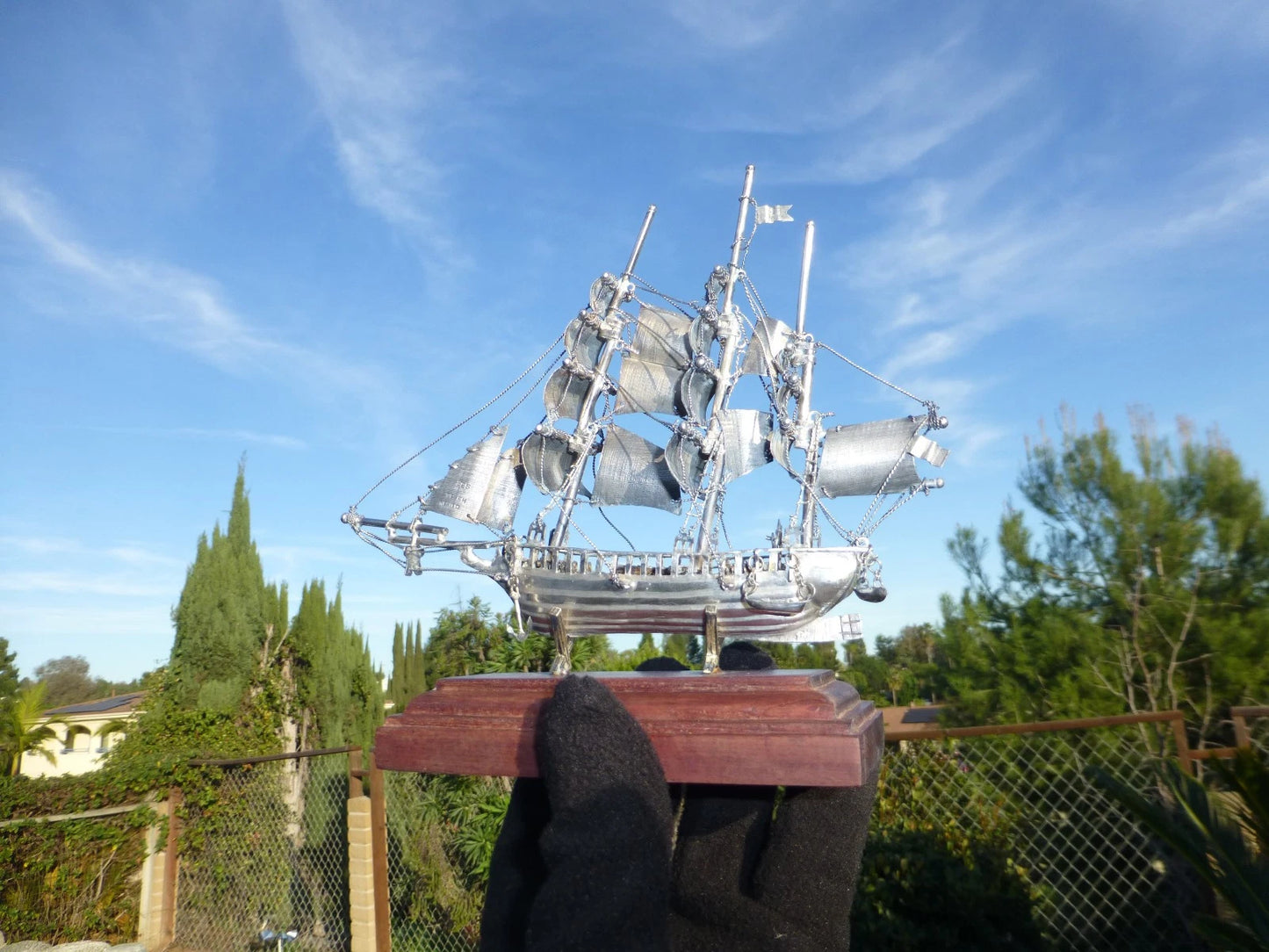 Maquette Voilier Vintage Argent Massif Mexique Socle Noyer